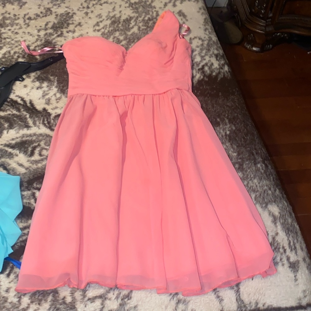 Morí Lee one shoulder mini dress in a coral color